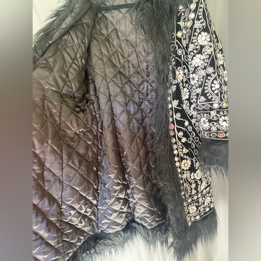 Talisman Embellished Coachella Boho Coat w/ Faux Fur Trim, Size Extra Large - Picture 5 of 10